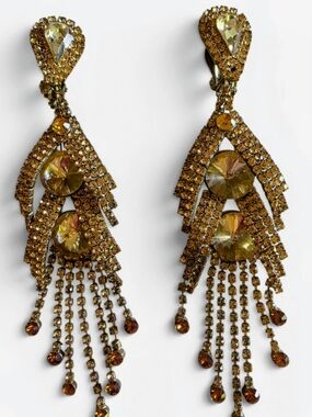 Vintage Gold-Tone Amber Crystal Dangle Earrings